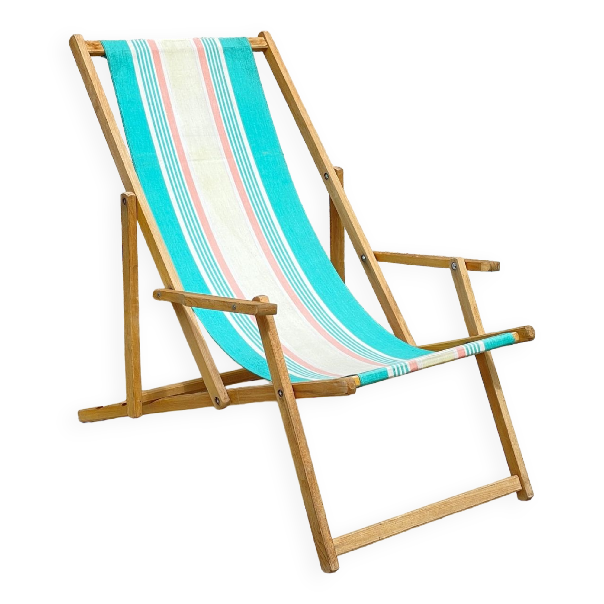Folding deckchair in wood and vintage canvas