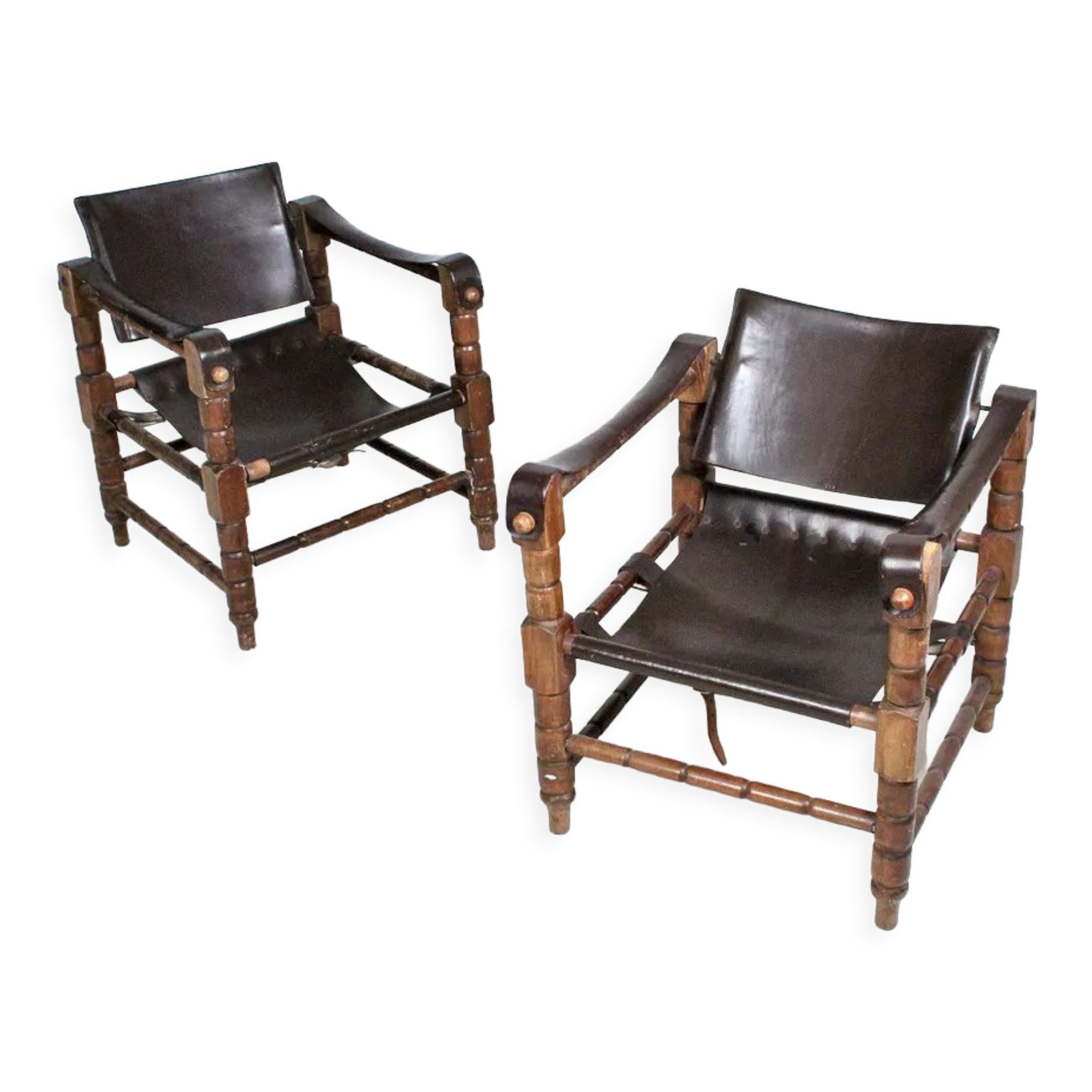 Pairs of vintage Safari style armchairs in wood and leather