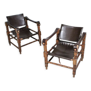 Paires de fauteuils style - cuir bois