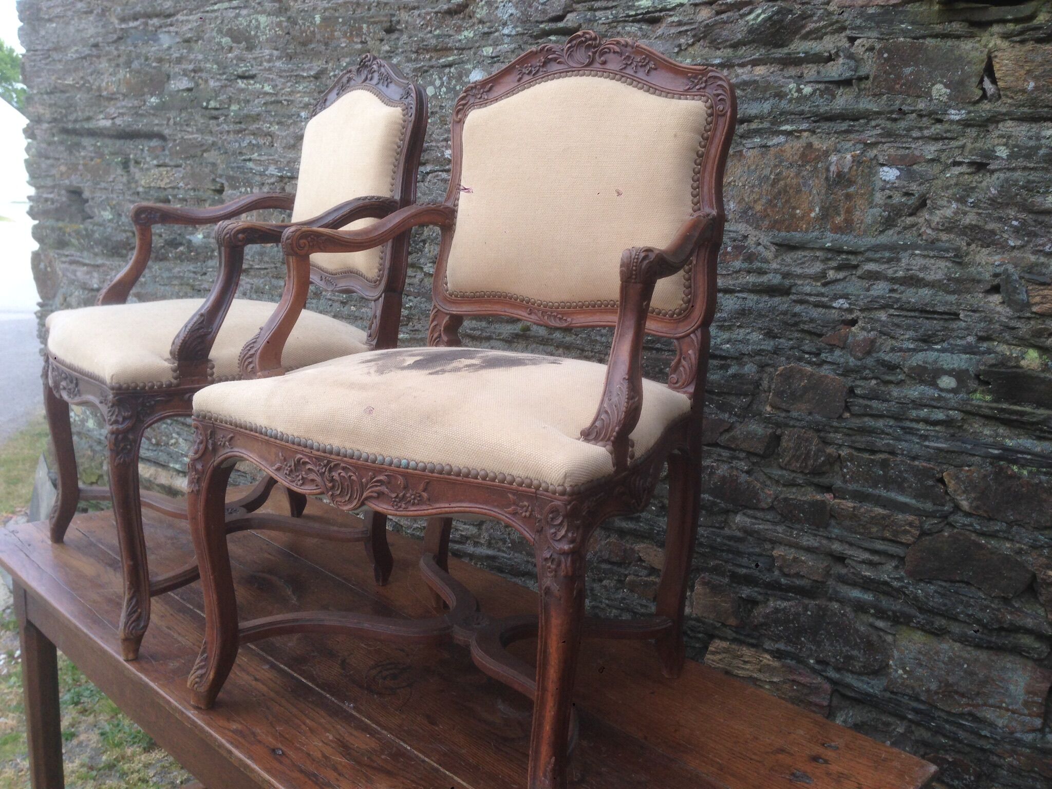 Pair of Louis XV-style walnut armchairs