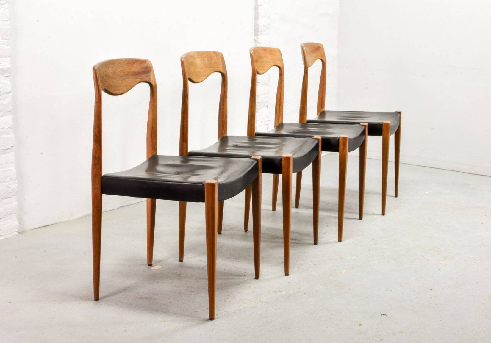 Niels Otto Moller Style Solid Teak Wood Dining Chairs with Leatherette 50s