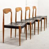 Niels Otto Moller Style Solid Teak Wood Dining Chairs with Leatherette 50s