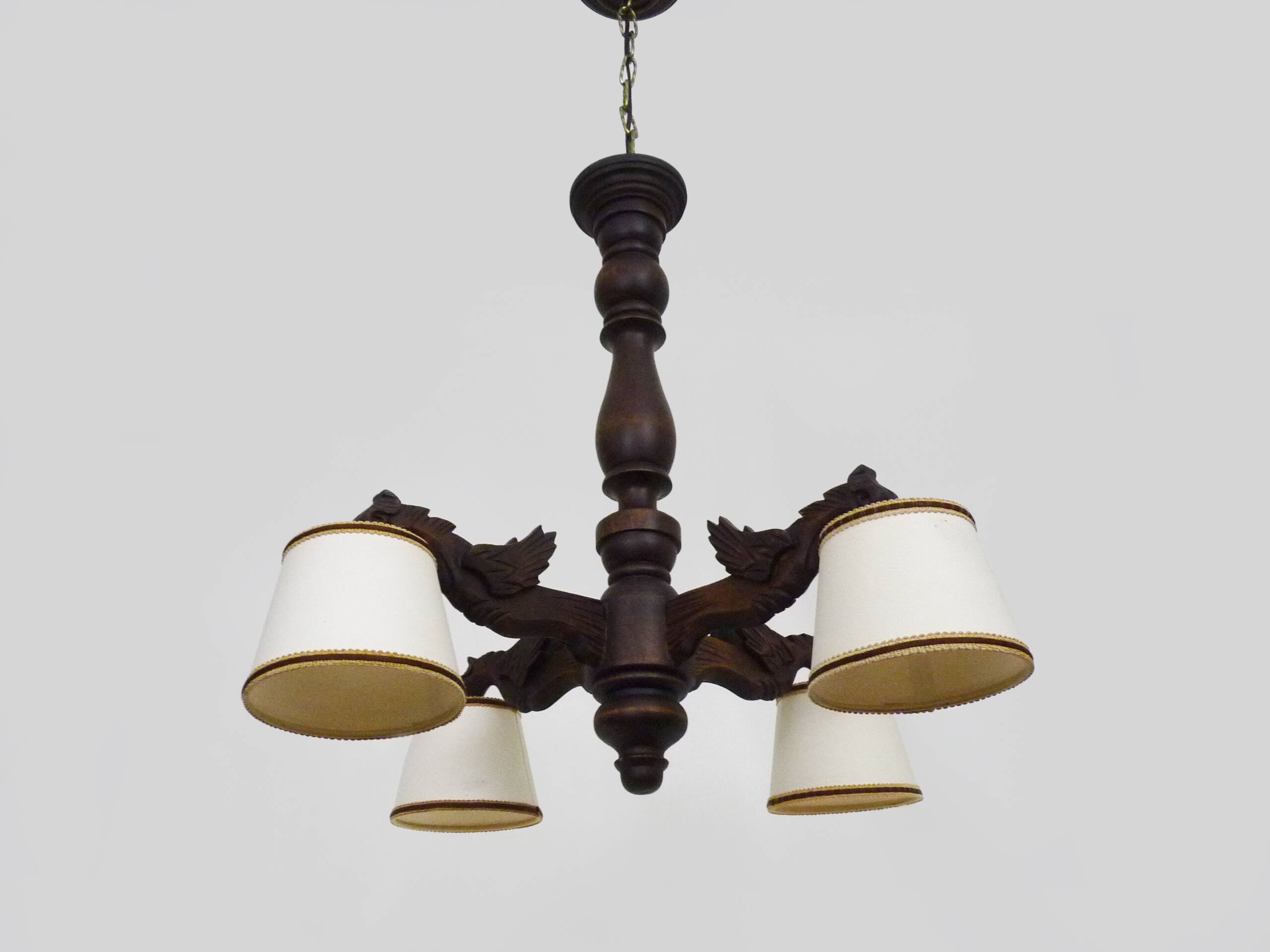 Antique hand-carved wooden dragon chandelier with 4 lights from the 1950s