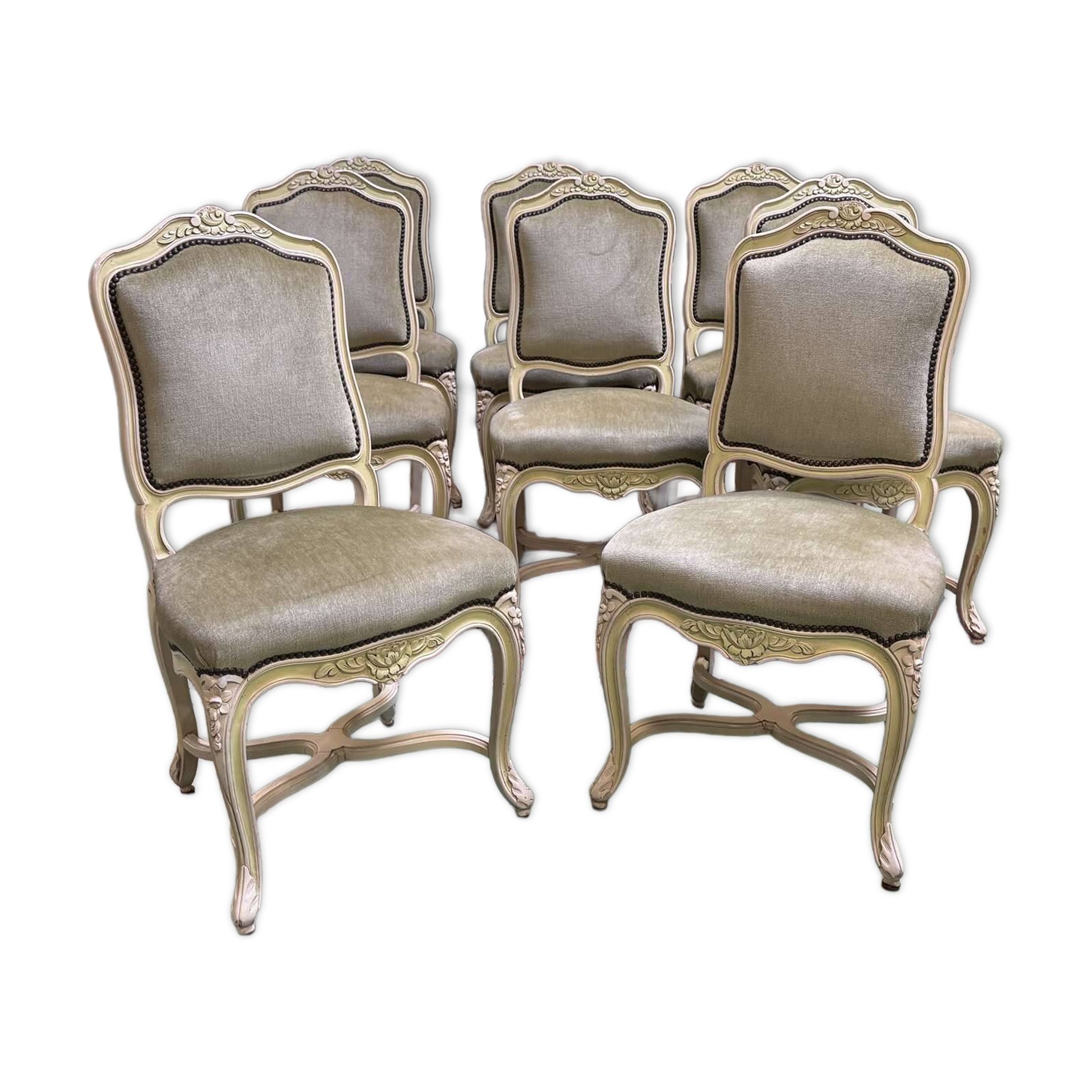 Set of 8 Louis XV style beech chairs from the 1970s.