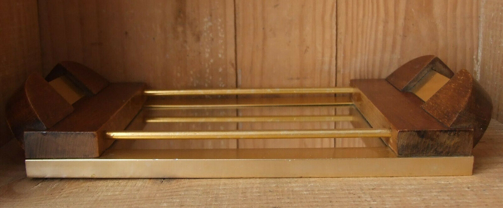 Golden aluminum wooden tray & rectangular mirror circa 1950