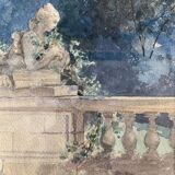 Aquarelle ancienne française signée, vue de jardin et sculpture, d'époque 19eme