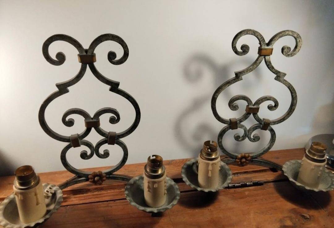 Pair of antique wrought iron wall lights gilbert poillerat baroque 1940