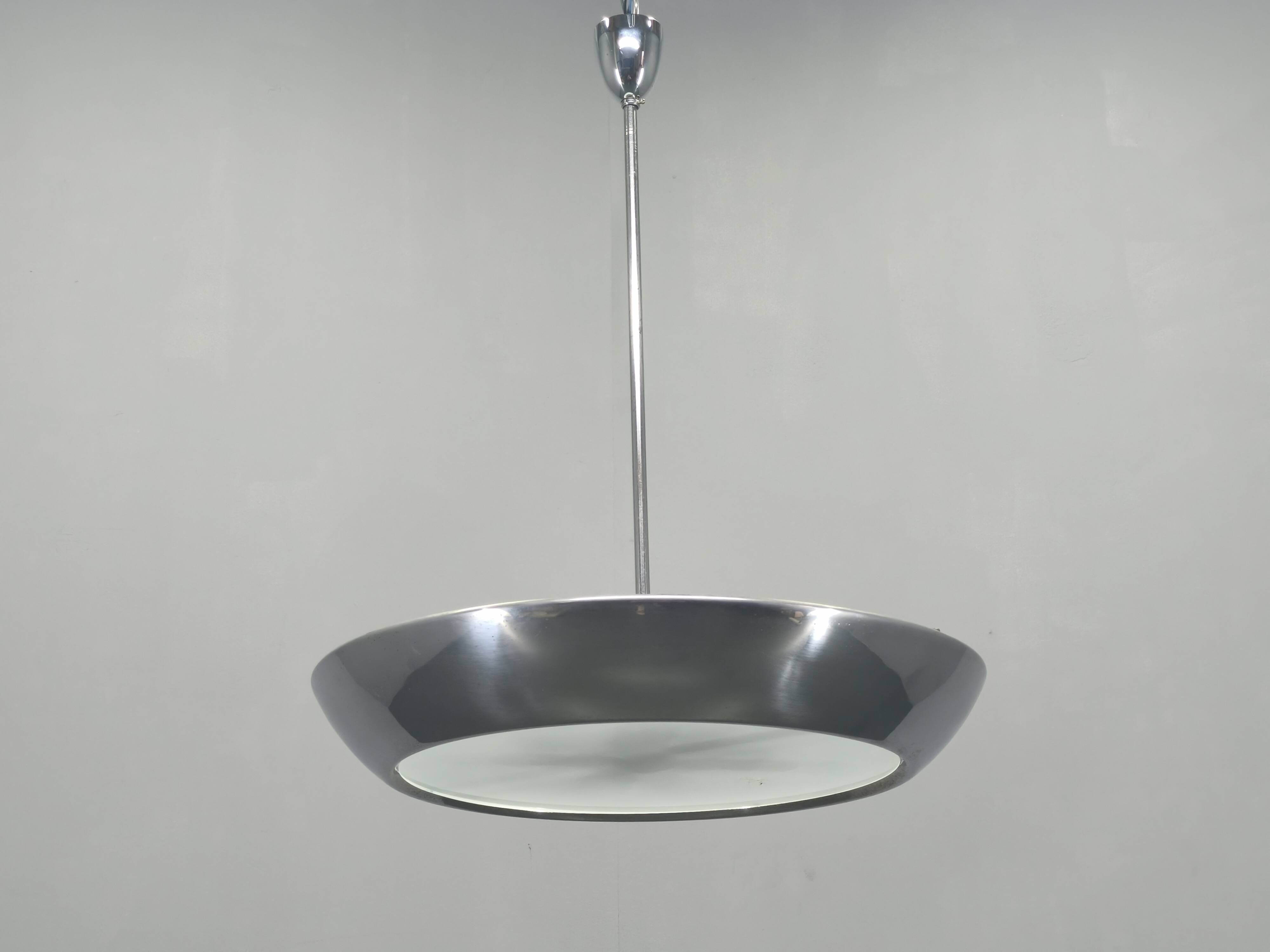 Bauhaus UFO Chandelier by Drupol, Chrome Glass Pendant, 1940s