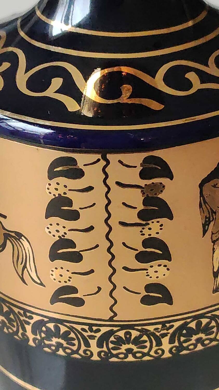 Greek Amphora Vase/Scenes of life Greek Mythology. Signed KA. Handmade in Greece, gilded with 24c fine gold. High 22.5 cm