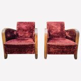 Pair of Art Deco club armchairs in burgundy red velvet, 1930s
