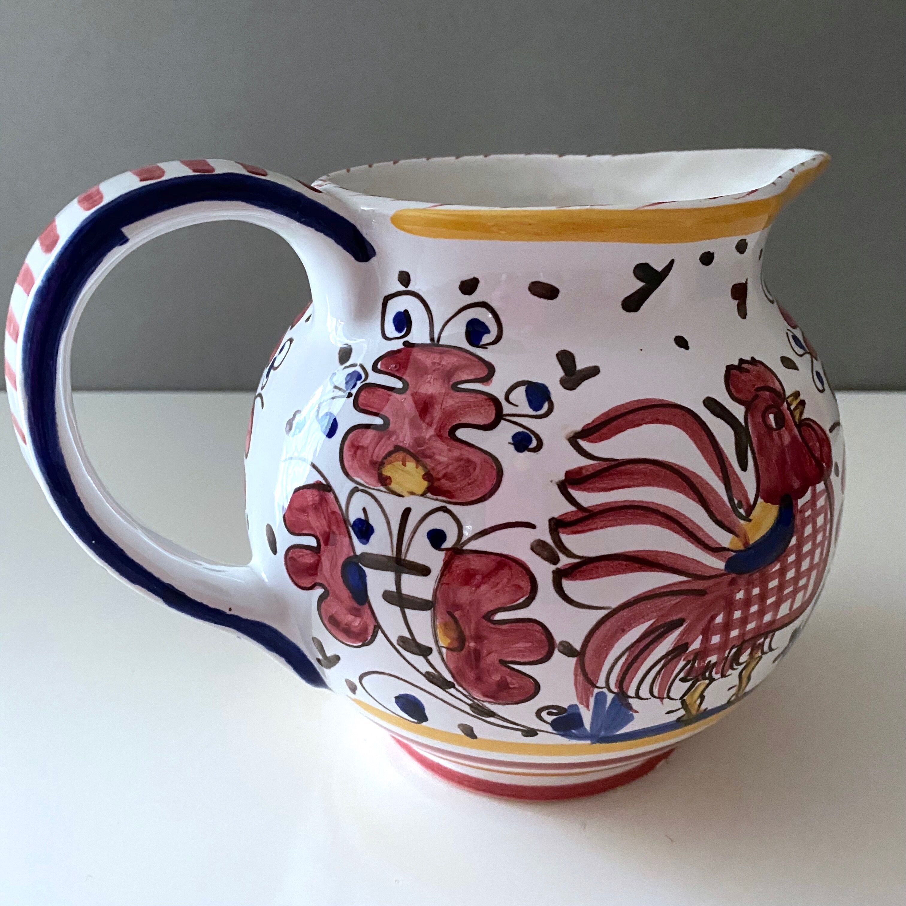 Vintage jug by Deruta Etrusca red rooster, Italy, majolica, ceramic hand painted