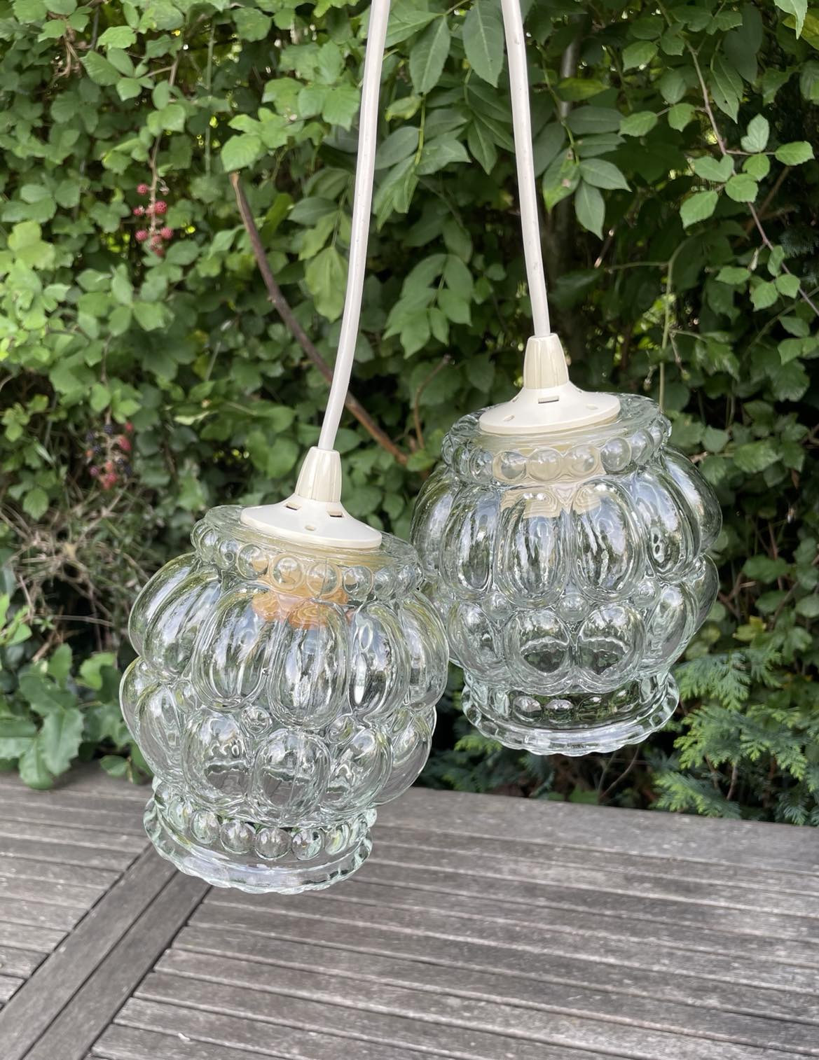 Pair of Bubble Pendant Lamps in Amber Glass Vintage 70s