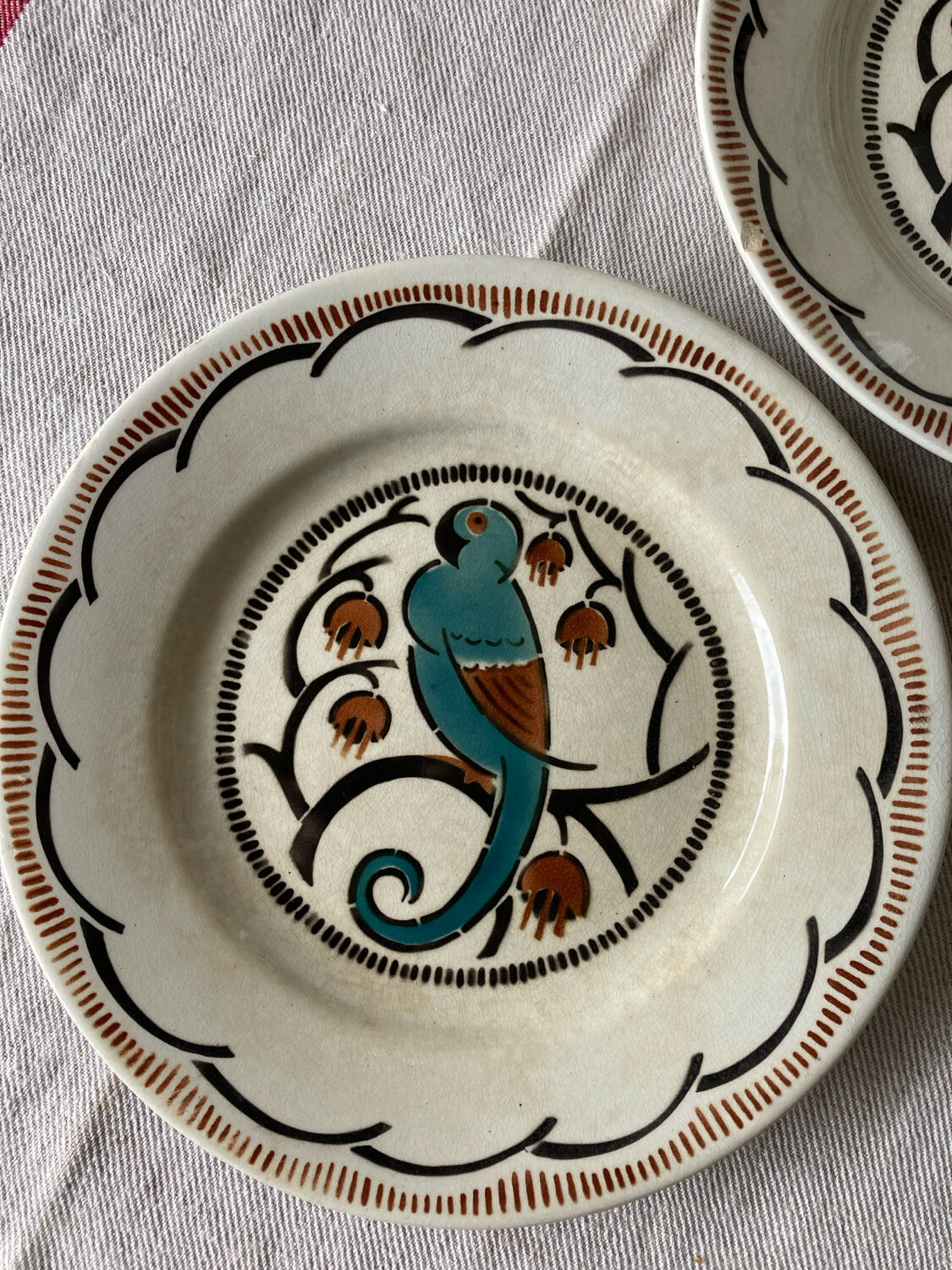 Dessert plates and serving dish, K&G Luneville, parakeet model.