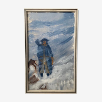 Mid century vintage framed oil painting - snow storm