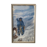 Peinture à l’huile encadrée vintage du milieu du siècle - Tempête de neige