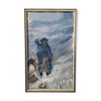 Peinture à l’huile encadrée vintage du milieu du siècle - Tempête de neige