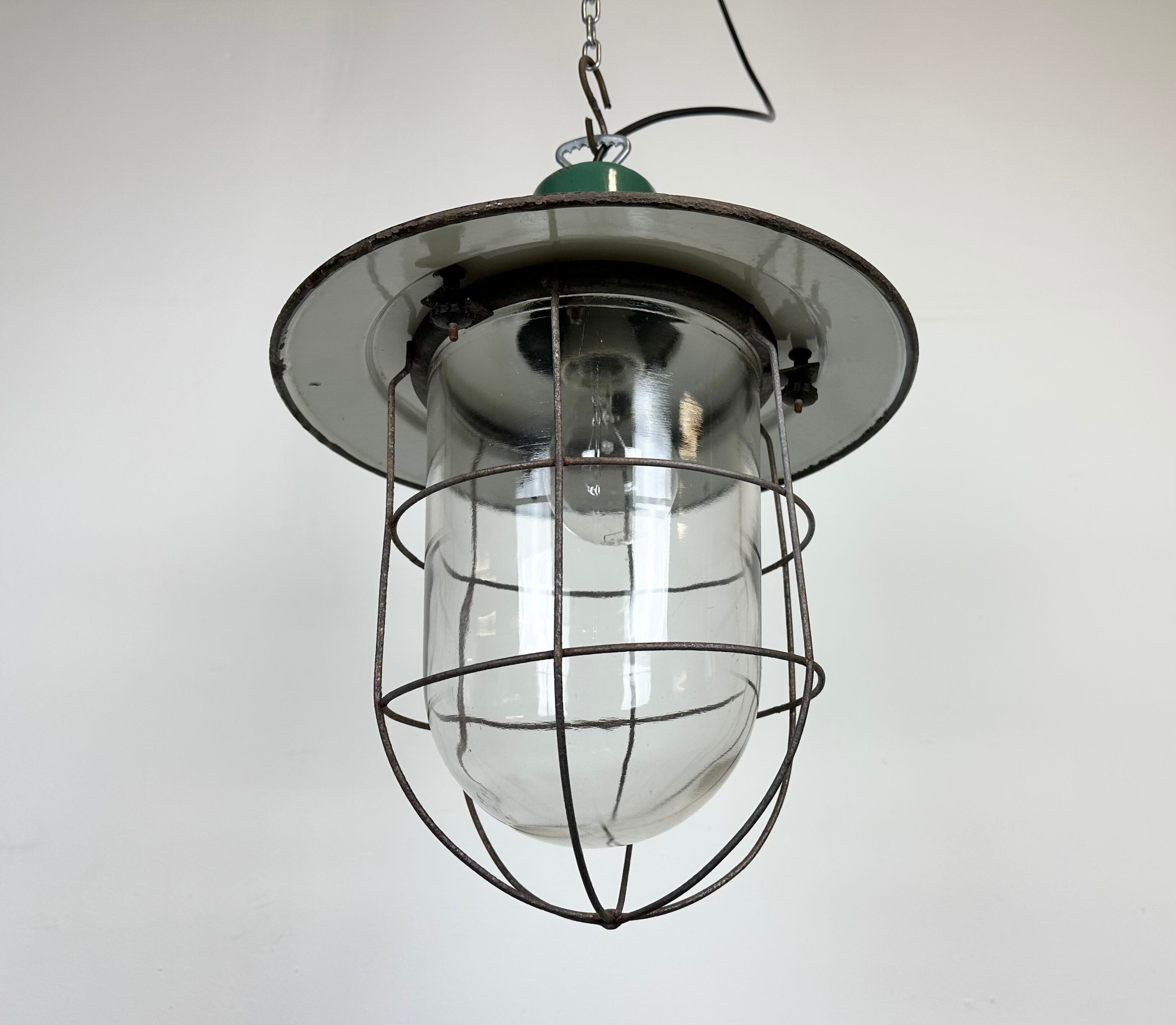 Industrial green enamel cage pendant light, 1960s