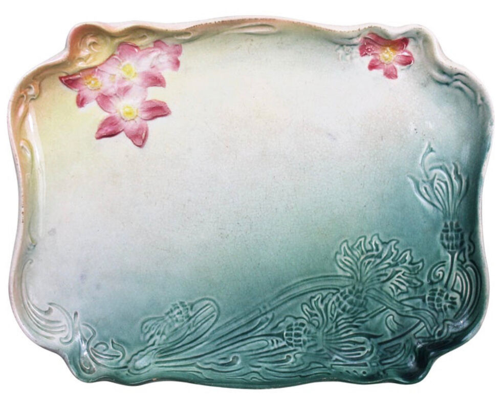 Art Nouveau plate in earthenware decorated with green and pink flowers 1900