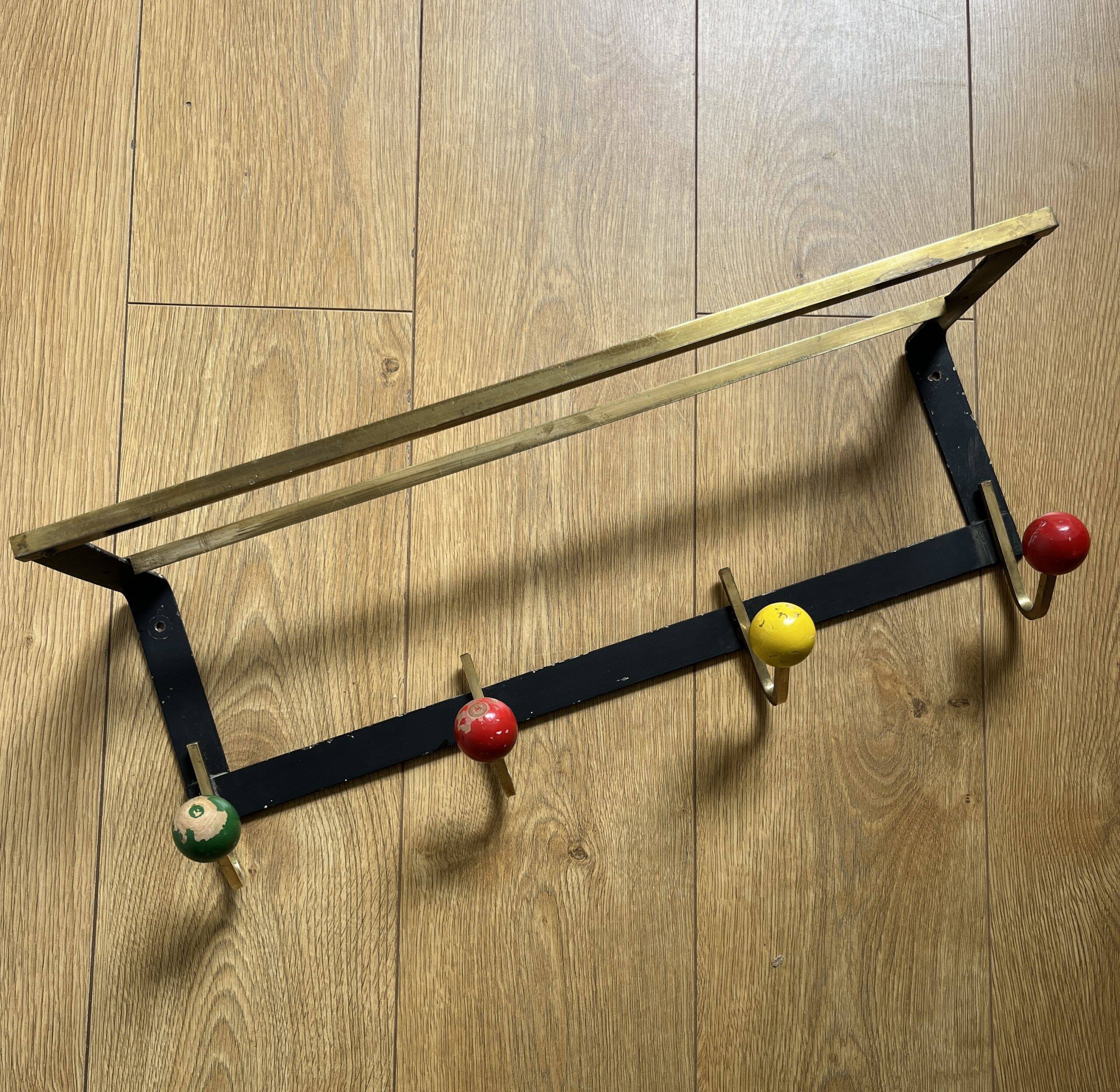 VINTAGE COAT RACK HOOK WITH COLORFUL BALLS AND HAT RACK SHELF