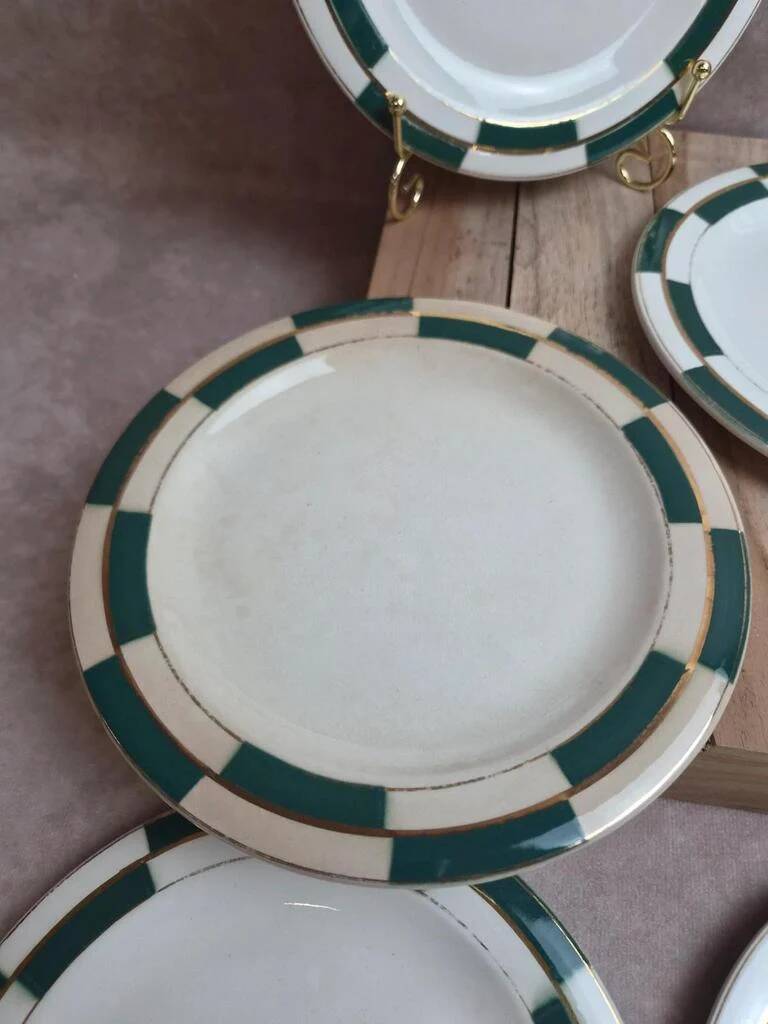 Set of 10 dessert plates Salins – Opaceline Jamier Green – vintage checkered
