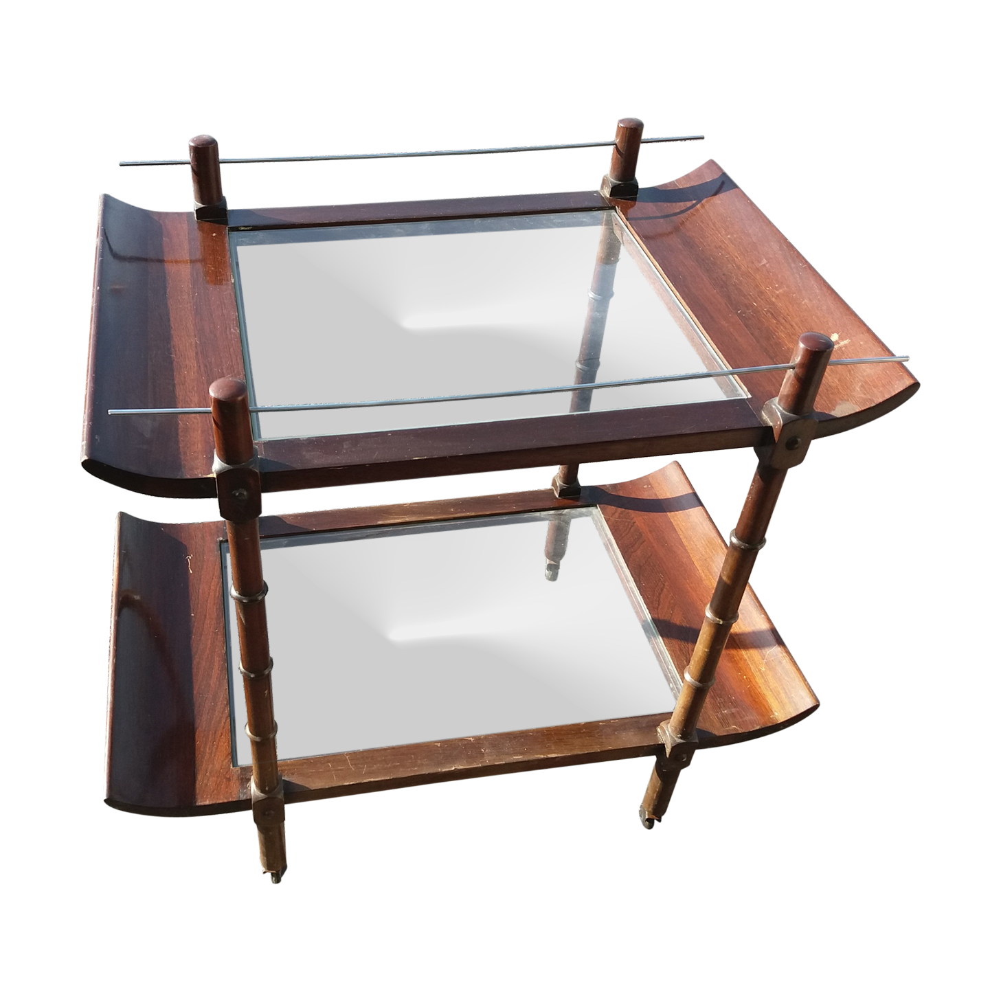Bar rolling serving double trap pagoda wood and glass 1950s mahogany