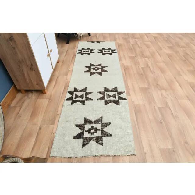 1970s Vintage Turkish Oushak Handmade Wool Cotton Beige Runner Rug 88x279