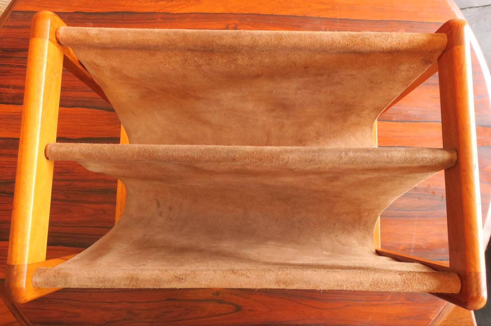 Aksel Kjersgaard teak and suede leather magazine rack 1960