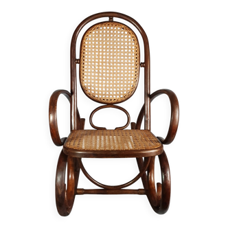 Vintage curved wood rocking chair for children with recent caning model D912.