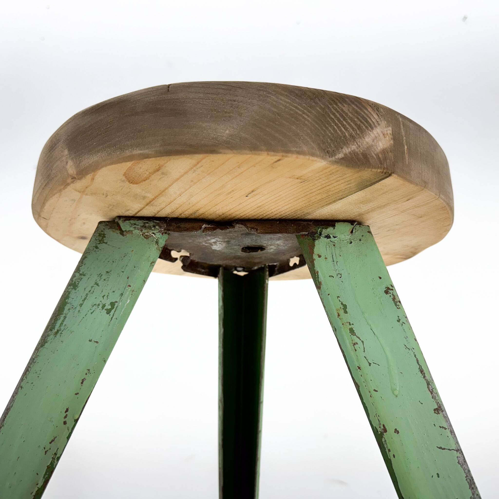 Vintage industrial steel & wood tripod stool, 1950's