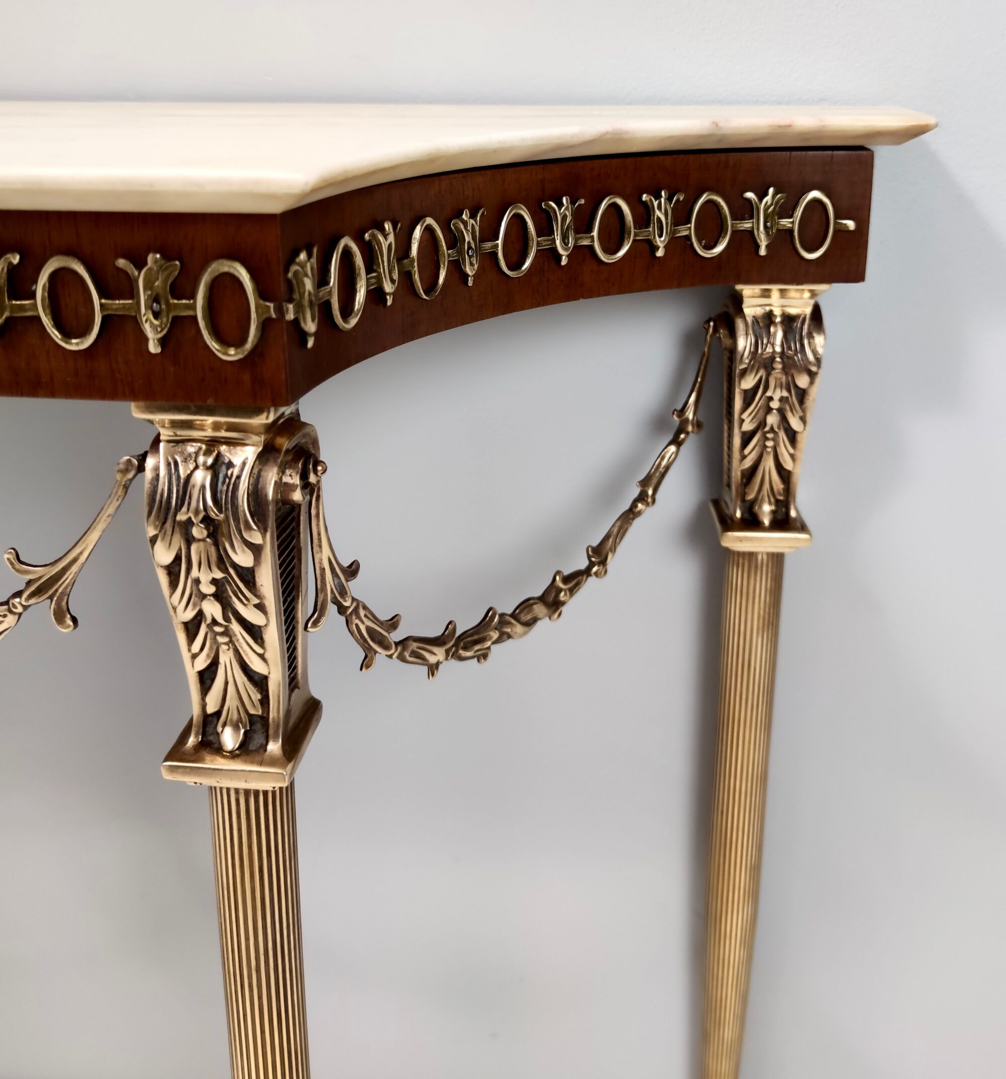 Vintage walnut console with a portuguese pink marble top and brass frame, italy