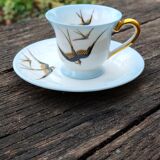 Cup and its saucer in Limoges porcelain motif "swallows"