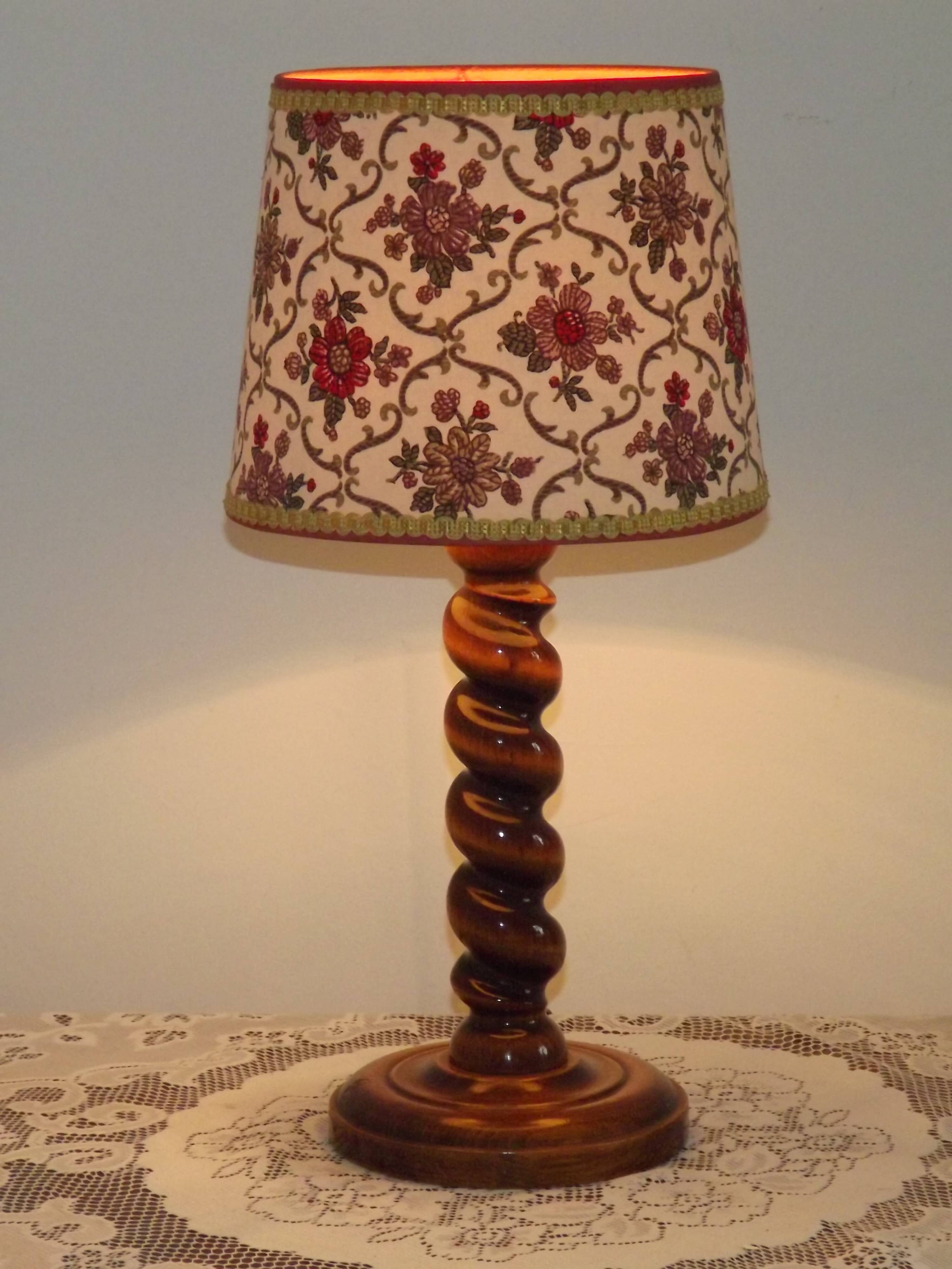 French Vintage Round Wooden Barley Twist Table Lamp With Floral Shade
