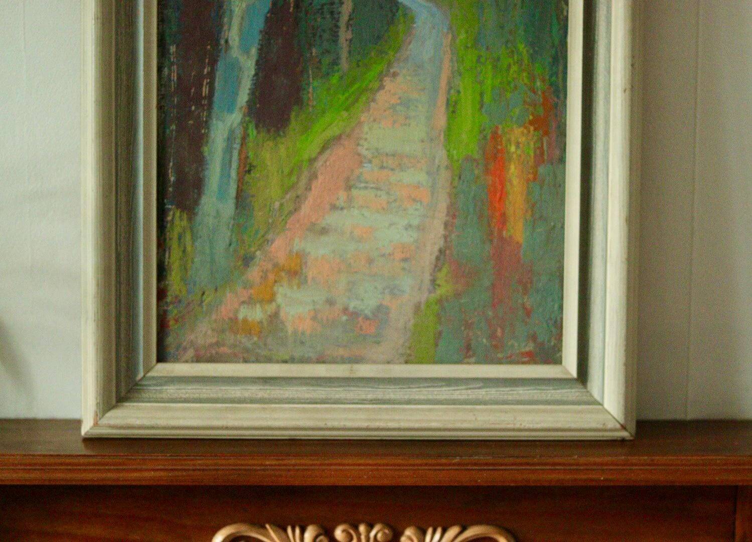 Huile sur panneau originale du milieu du siècle – « Country Lane »