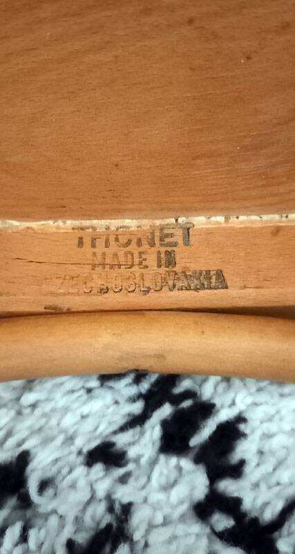 Set of 4 light wood bistro chairs stamped Baumann and Thonet.