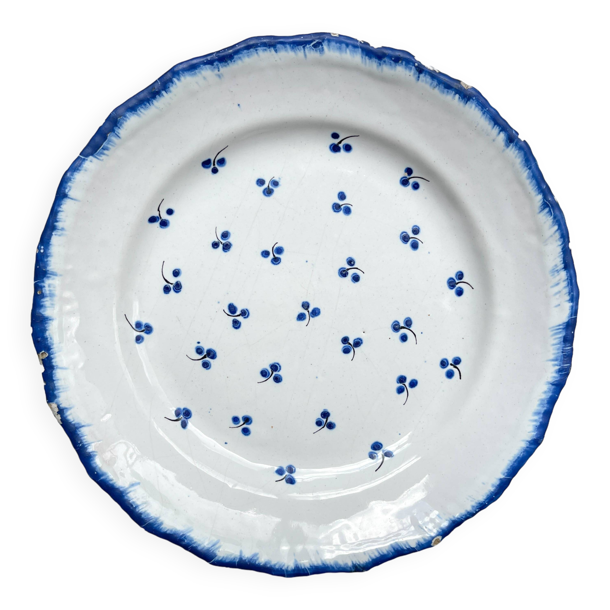 Antique French Earthenware Plate from the 19th century with small blue flower motif