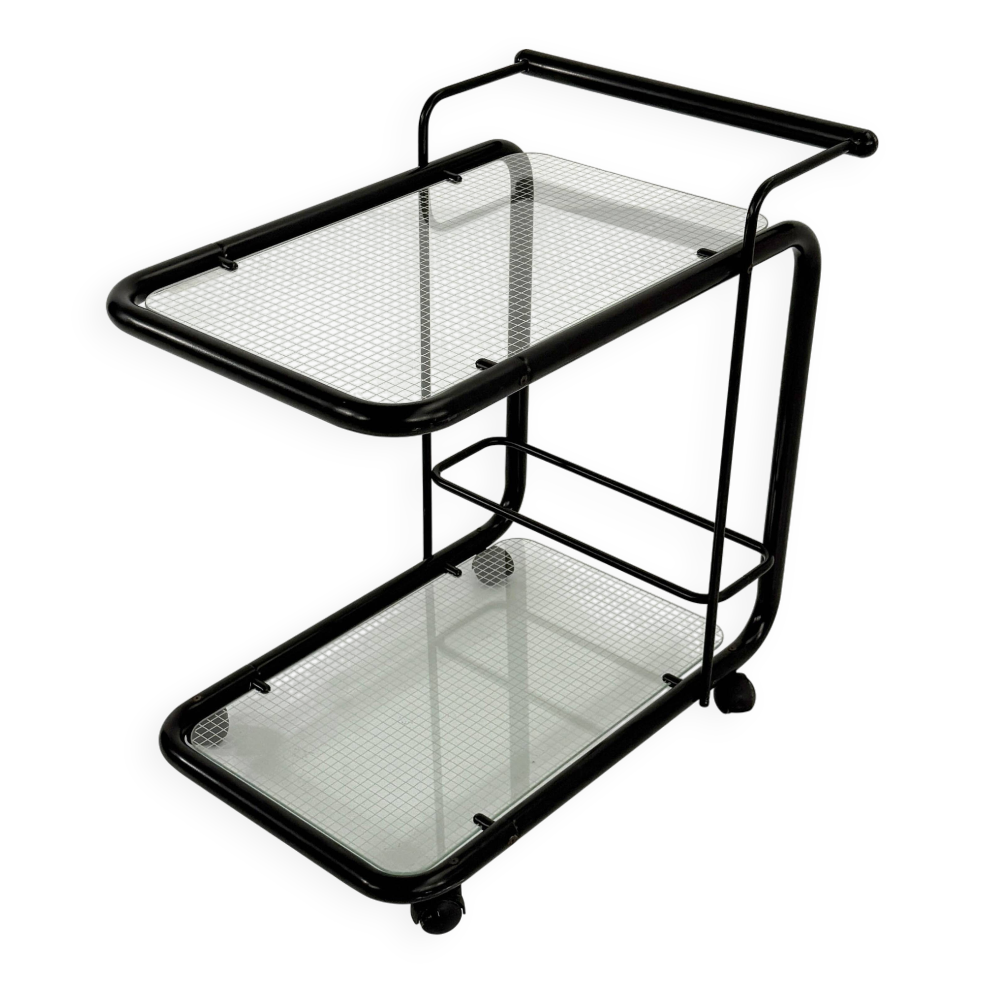 Desserte postmoderne noire en métal et verre, 1980