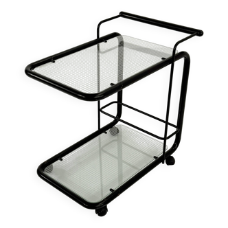 Black postmodern metal and glass serving trolley, 1980