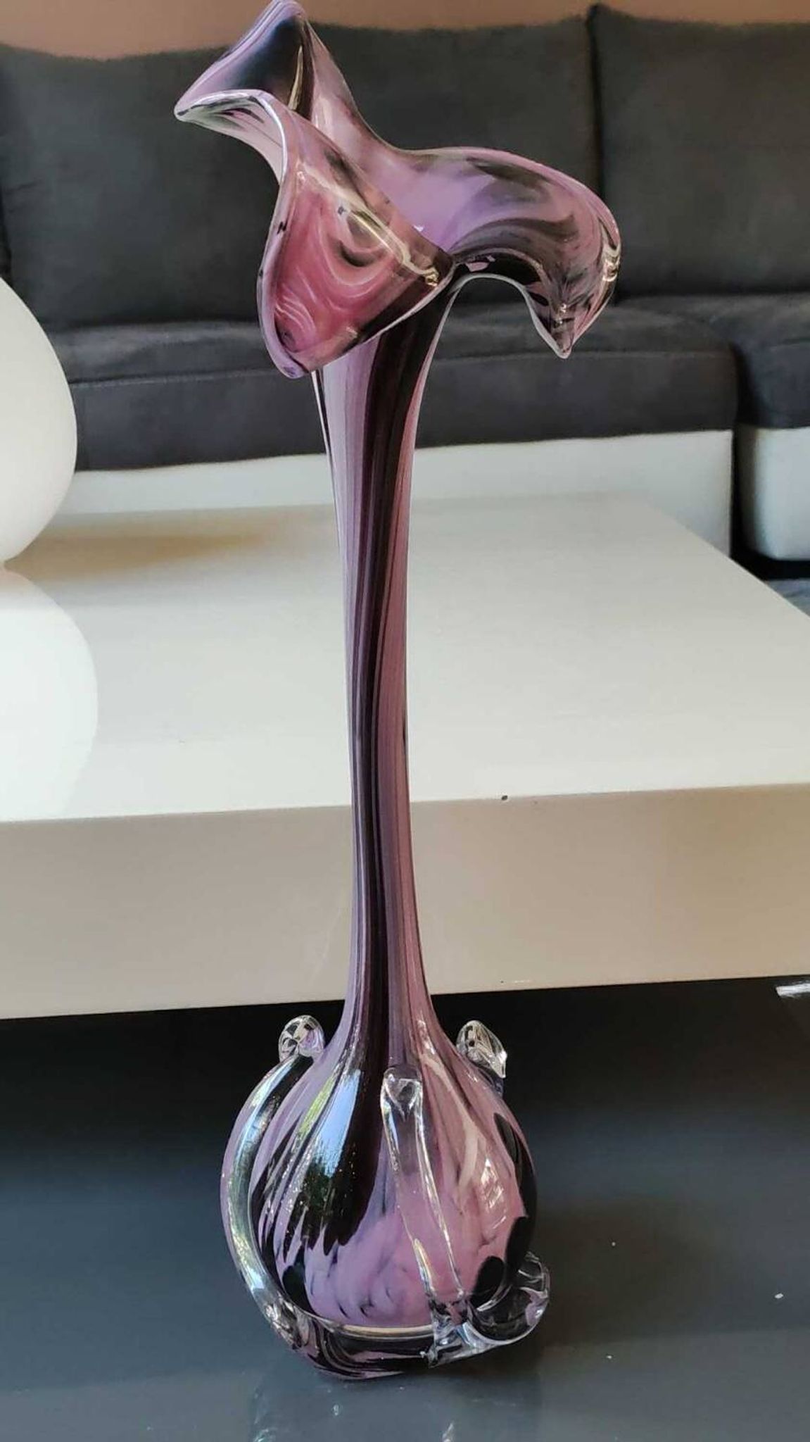 Elegant Large vase, Murano/Italy. Floral/Calla shape collar. Decorated with scrolls/lilac/plum waves. High 43 cm