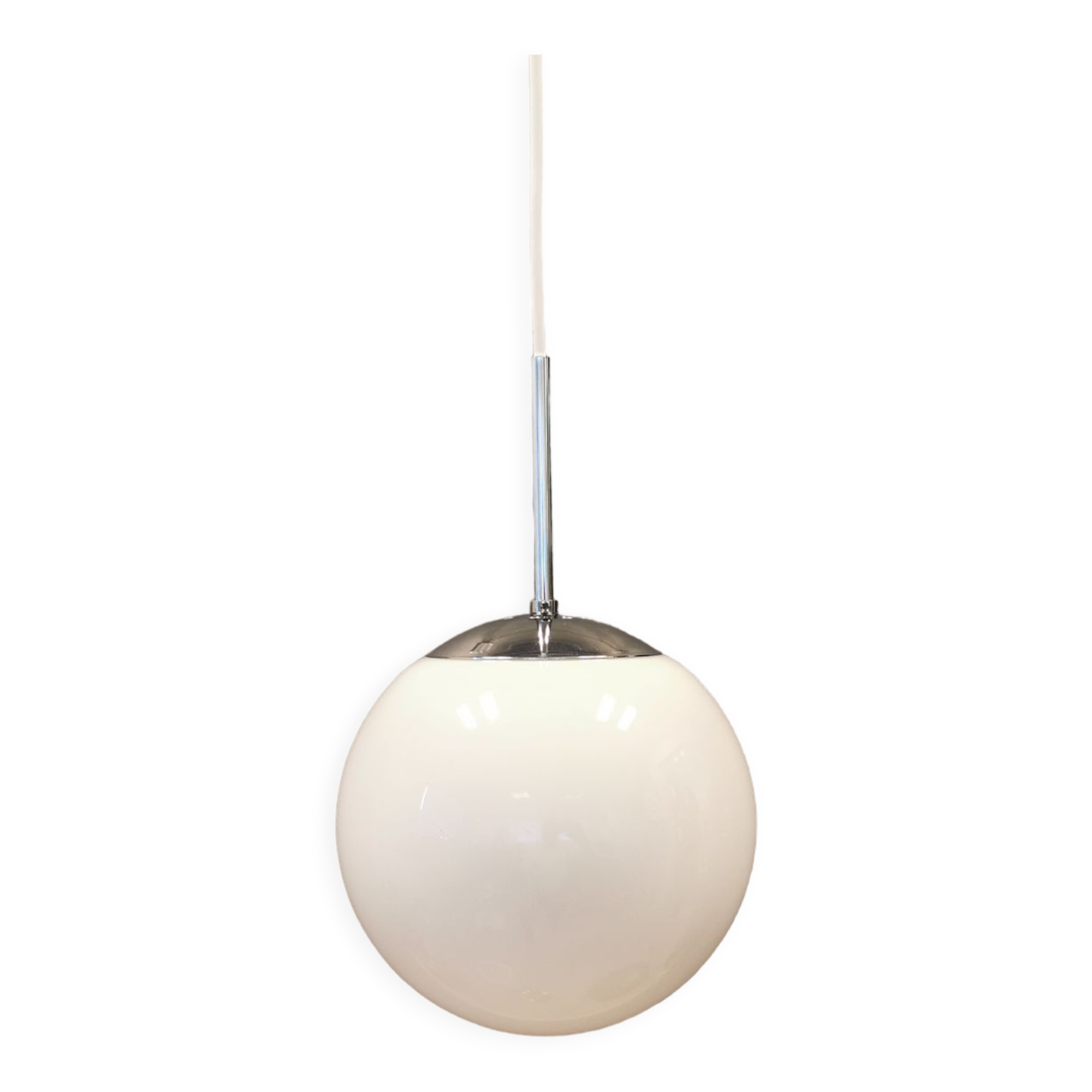 White hanging lamp with metal suspension, made with ball round opal glass shade.
