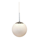 White hanging lamp with metal suspension, made with ball round opal glass shade.