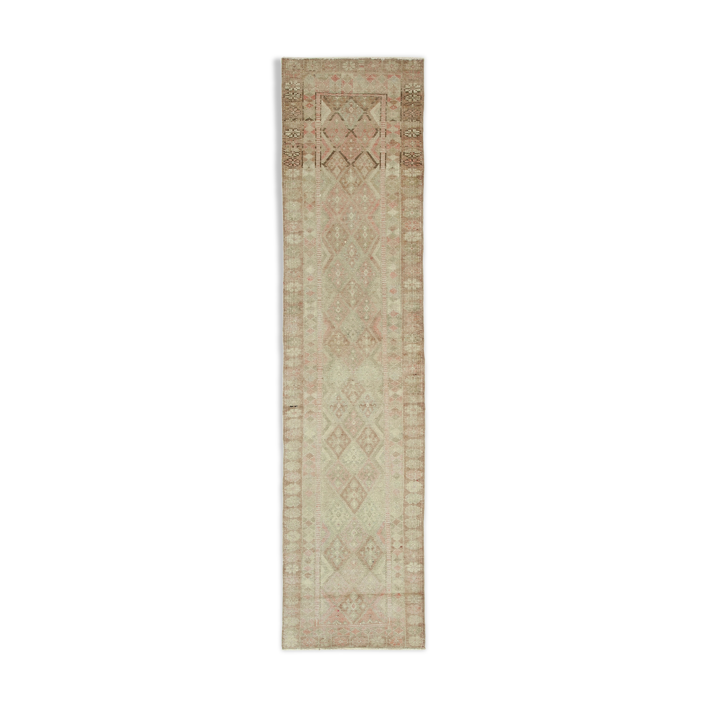 Hand-knotted one-of-a-kind turkish beige runner rug 82 cm x 340 cm