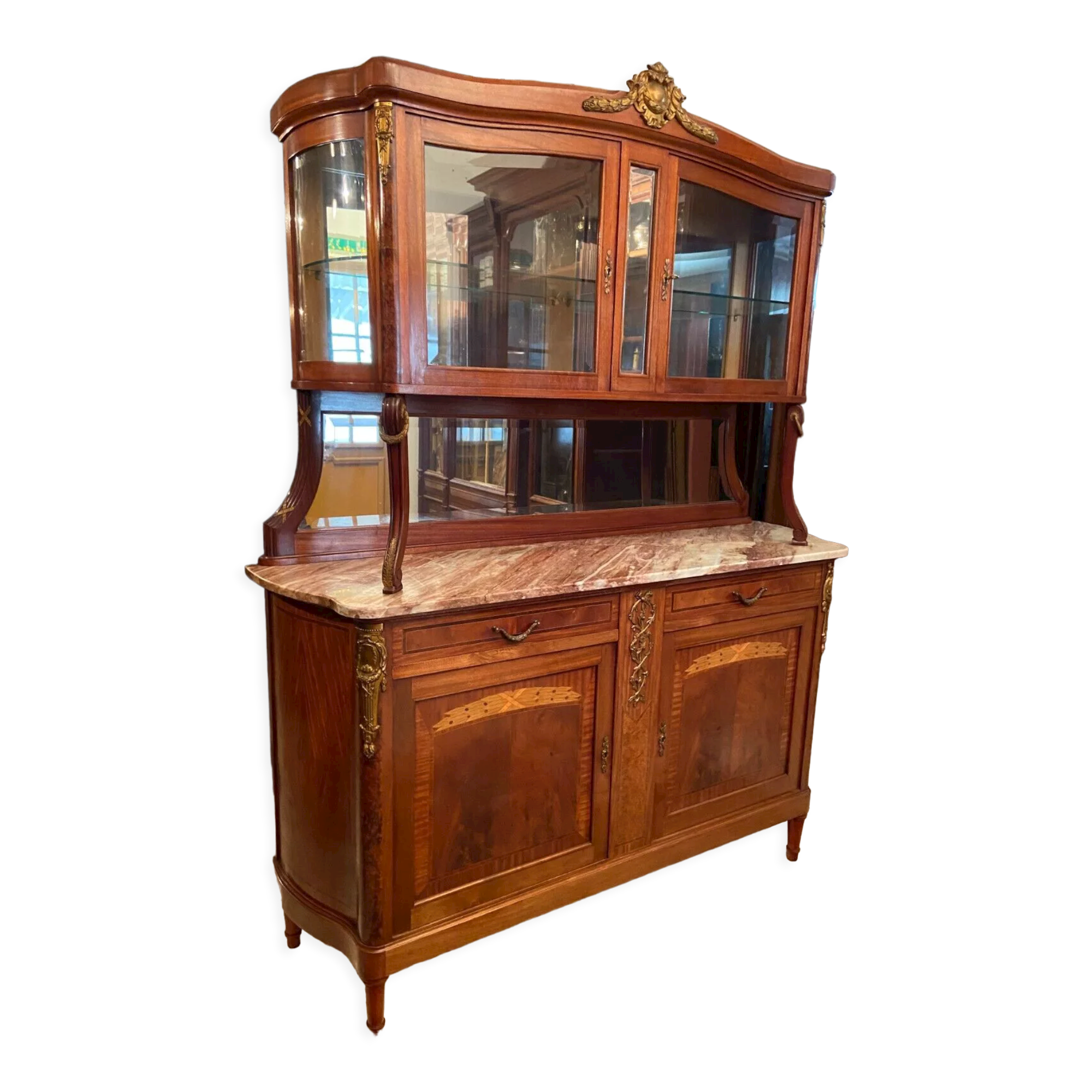 Sideboard two body mirror top marble decoration inlaid bronze Louis XVI