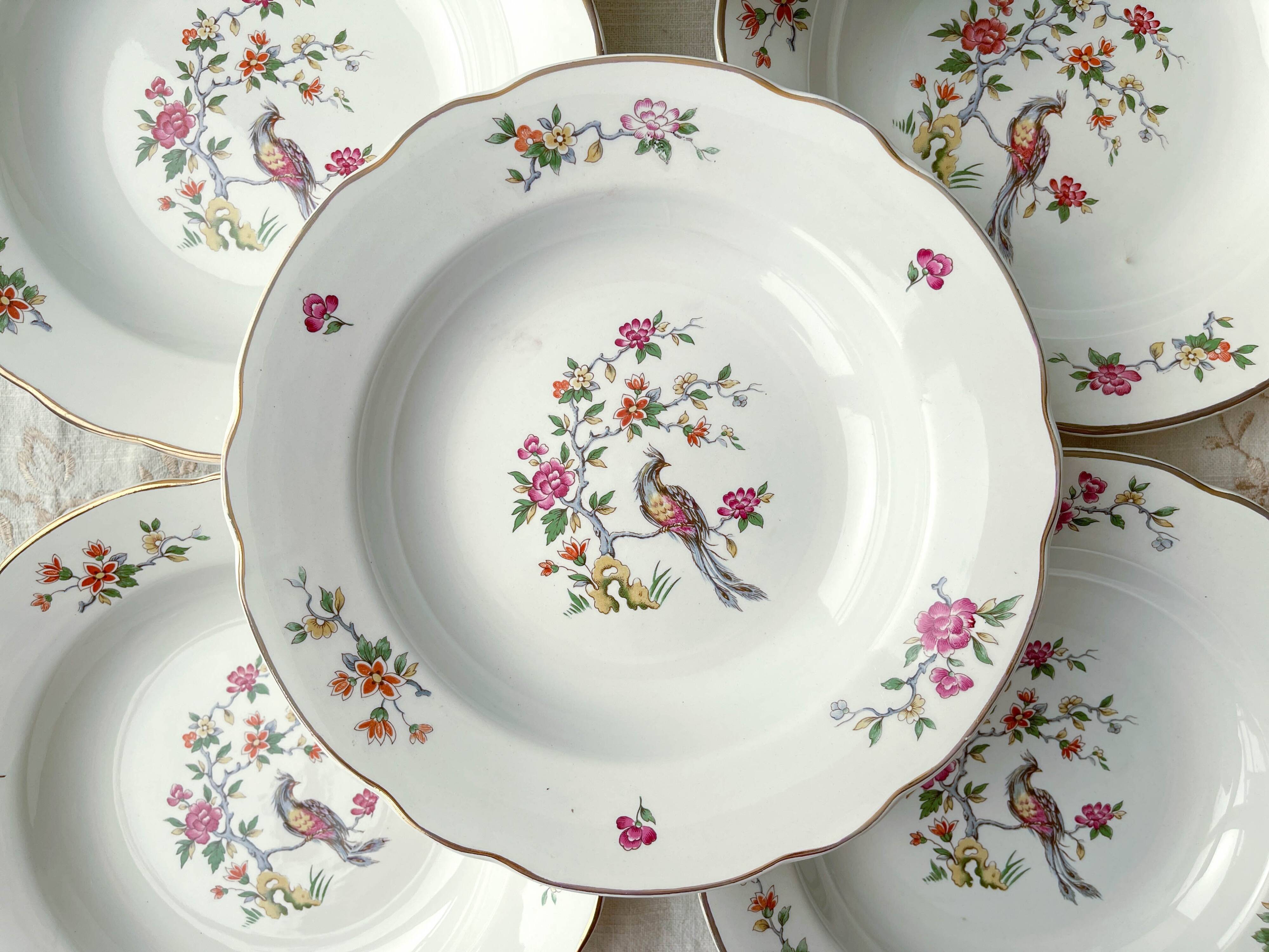 8 vintage porcelain soup plates digoin sarreguemines model conde bird of paradise pattern