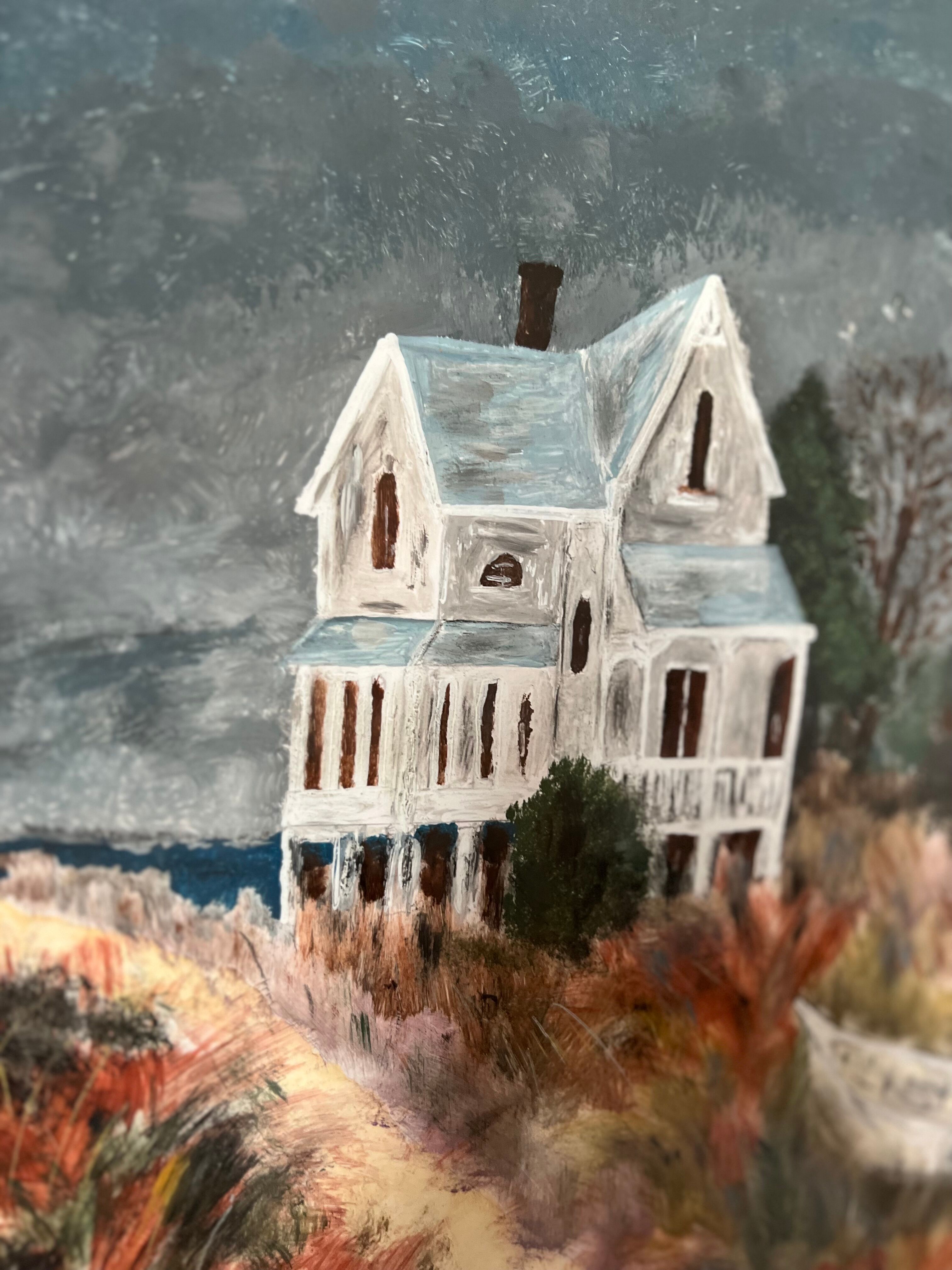 Painting of house by the sea, handmade, on thick paper