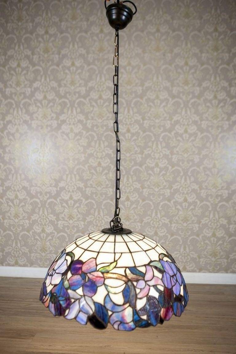 20th-Century Hanging Lamp with Multicolored Shade in the style of Tiffany, 1940s