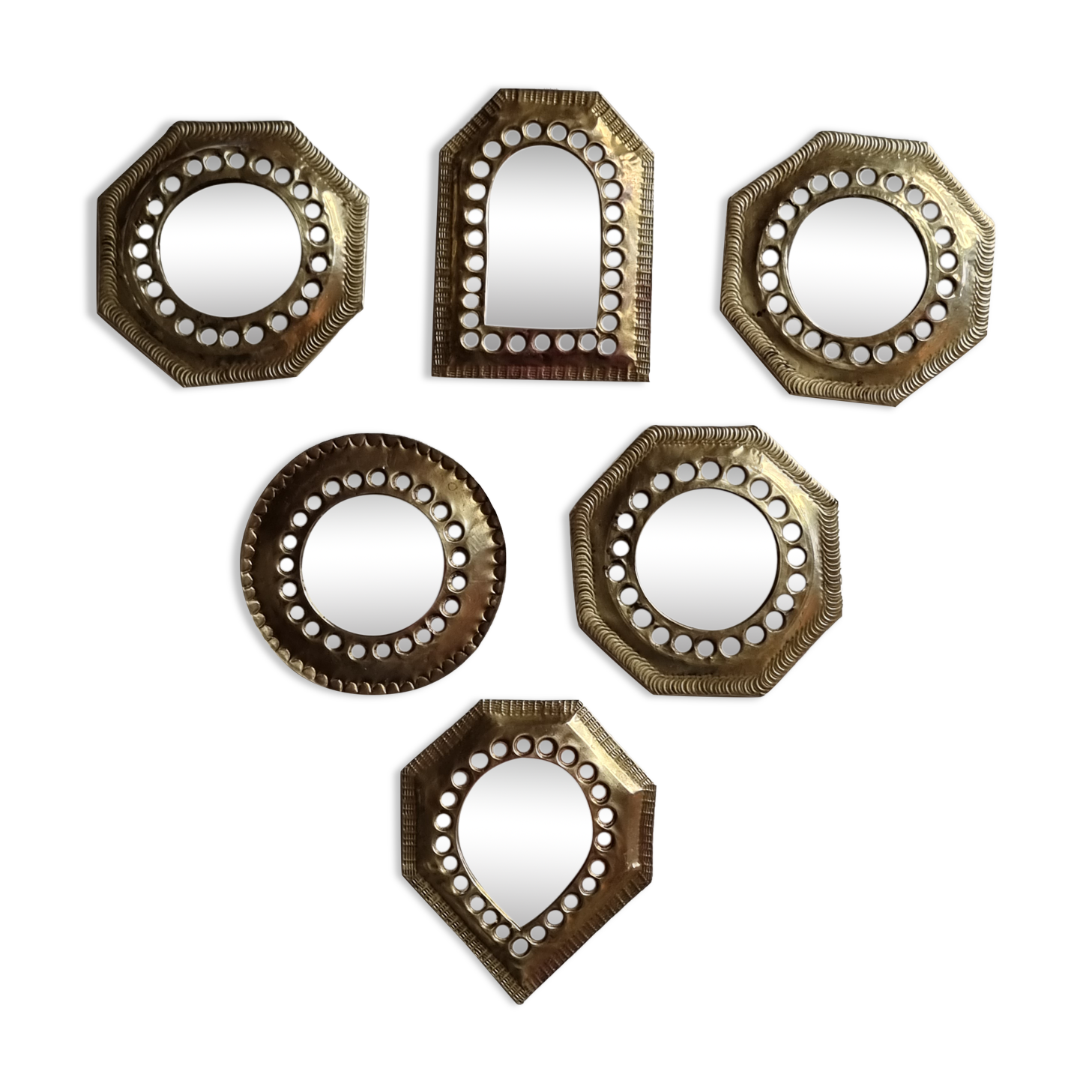 Set of 6 Moroccan mirrors in vintage openwork brass