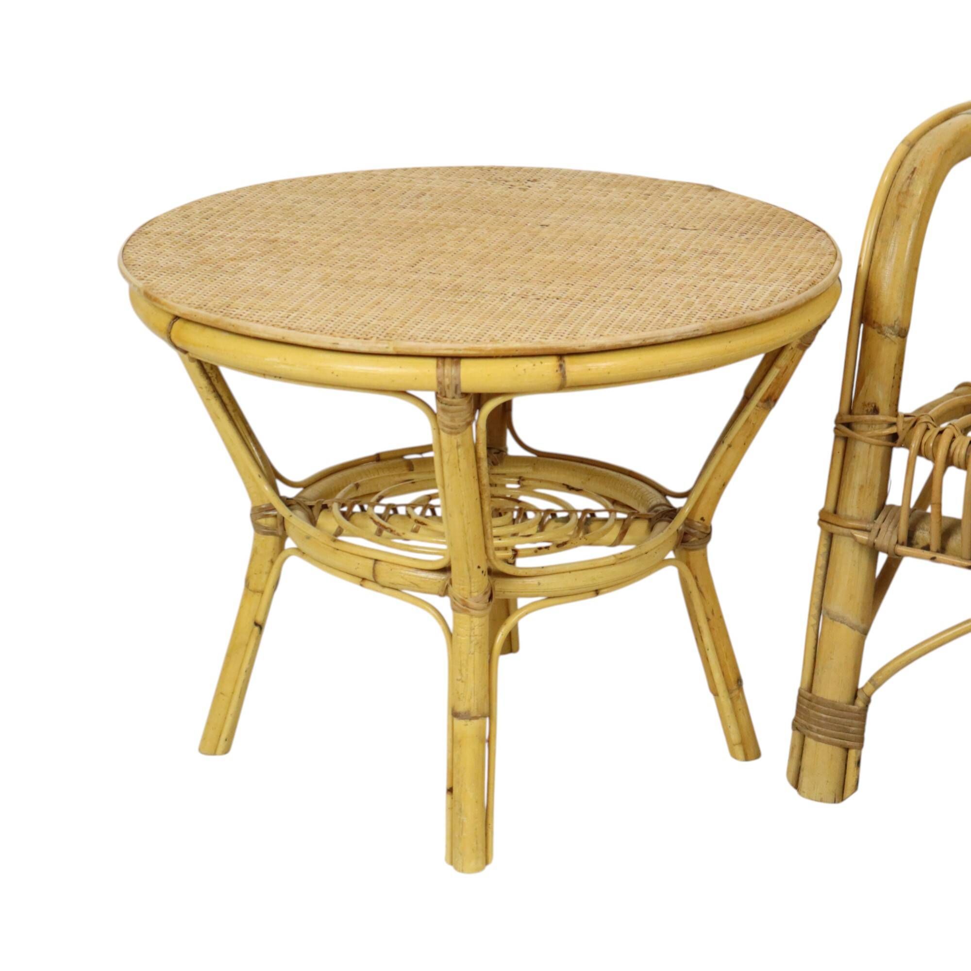 Italian rattan armchair, French Riviera style; Bohemian style side table