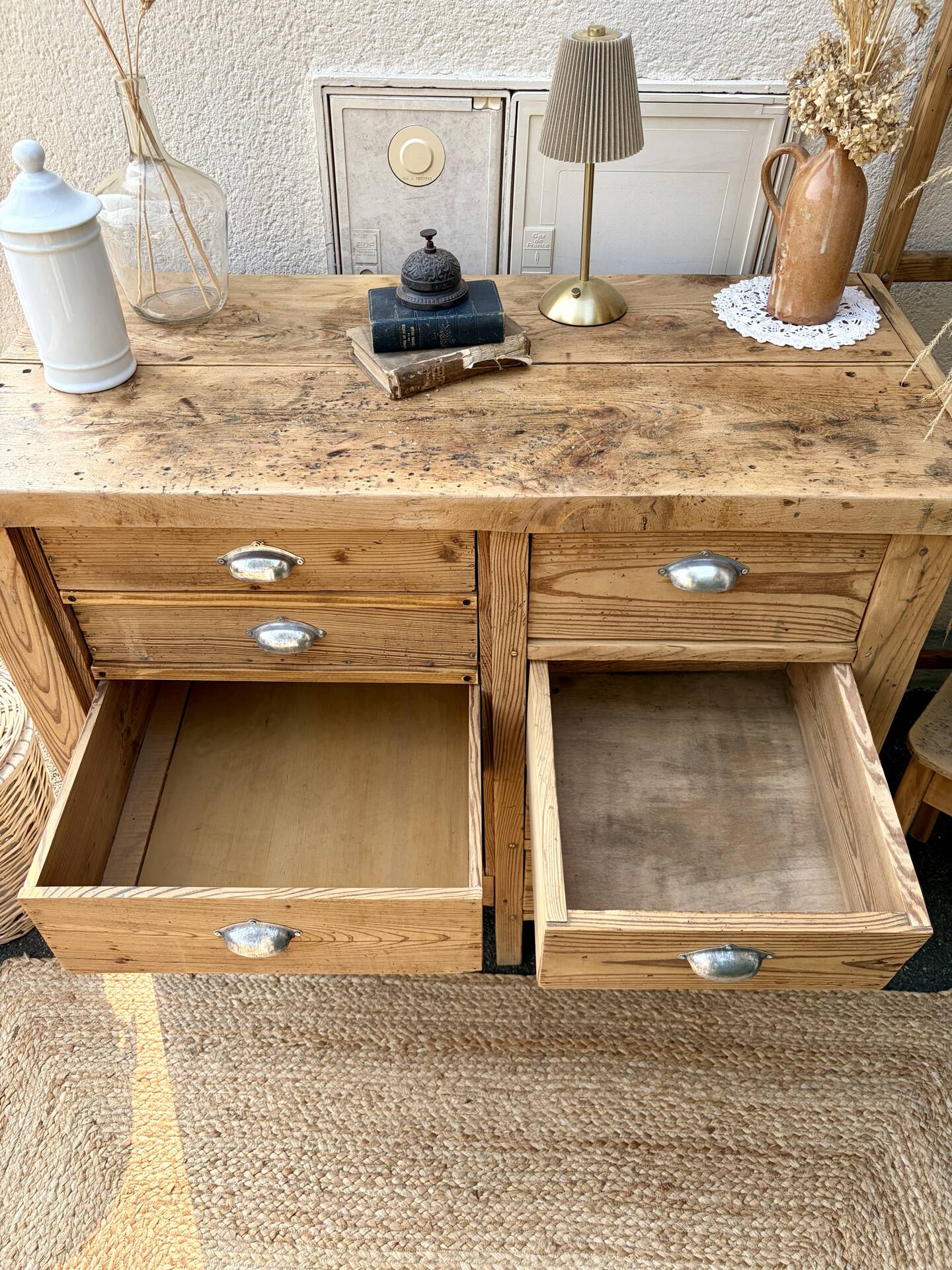 Old wooden workbench with 8 drawers.