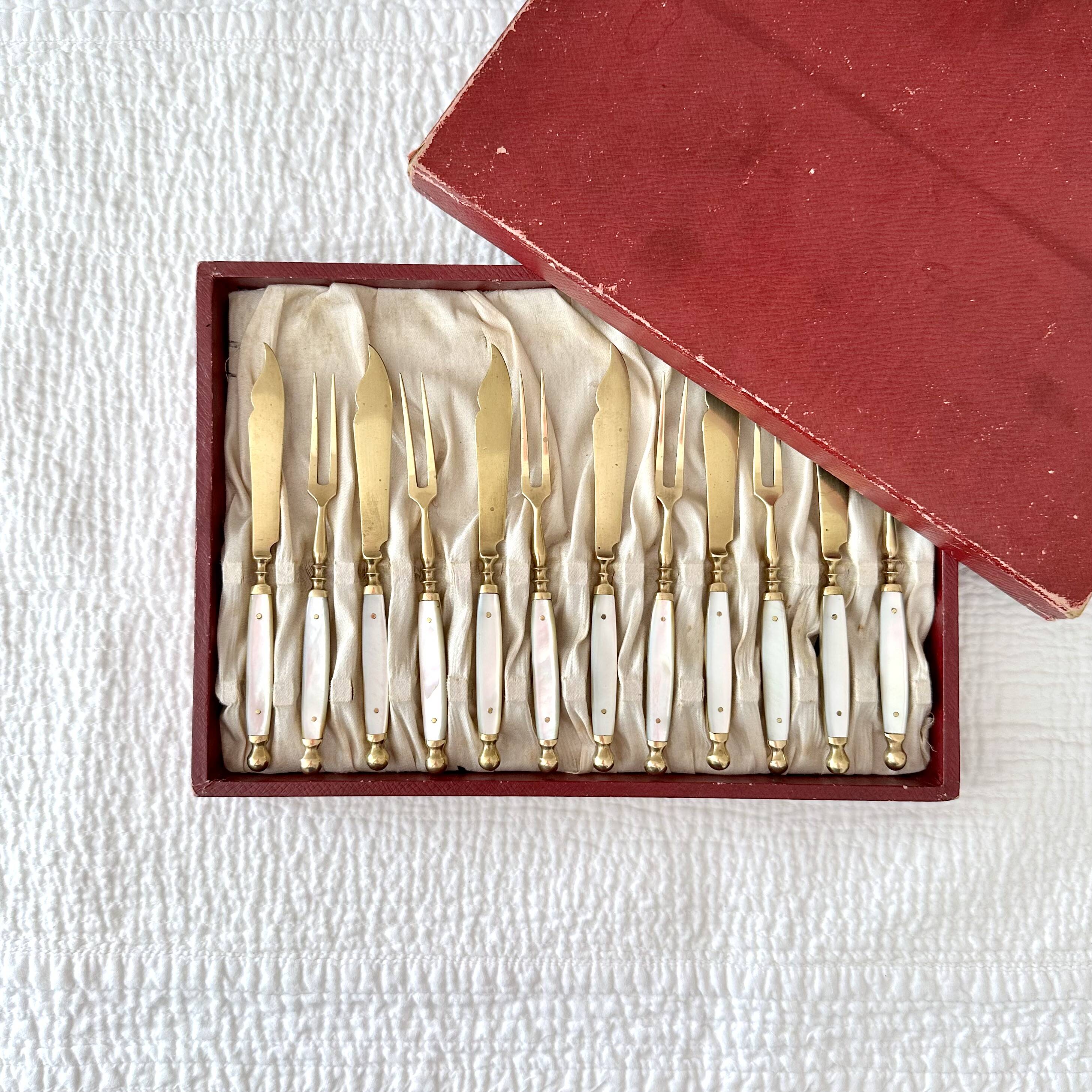 Antique Fruit Cutlery Set for 6 · Brass & Mother-of-Pearl · Original Box