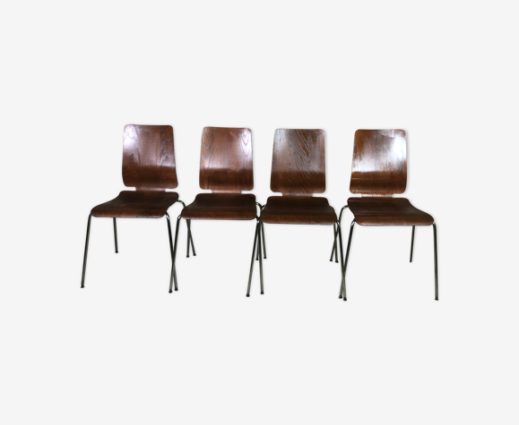 4 chaises scandinaves vintage en bois thermoformé 1970